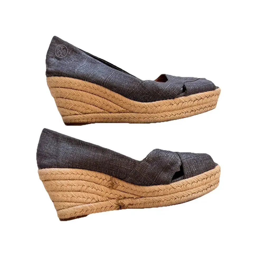 Tory Burch Filipa Pewter Linen Espadrille Wedge Platform Sandals Shoes 9 Womens
